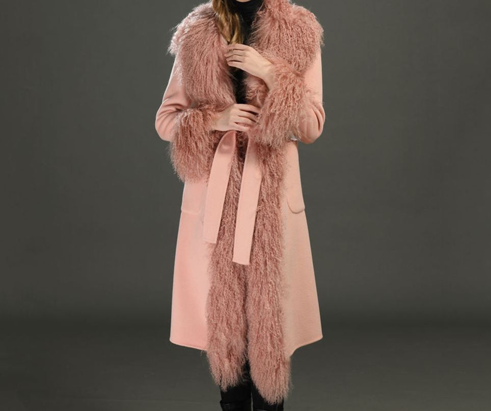 Elegant Soft Fluffy Real Mongolian Fur Trench Coat 2pcs