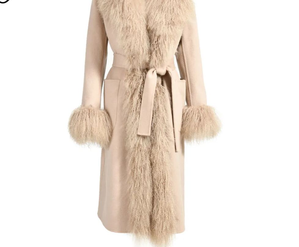 Elegant Soft Fluffy Real Mongolian Fur Trench Coat 2pcs