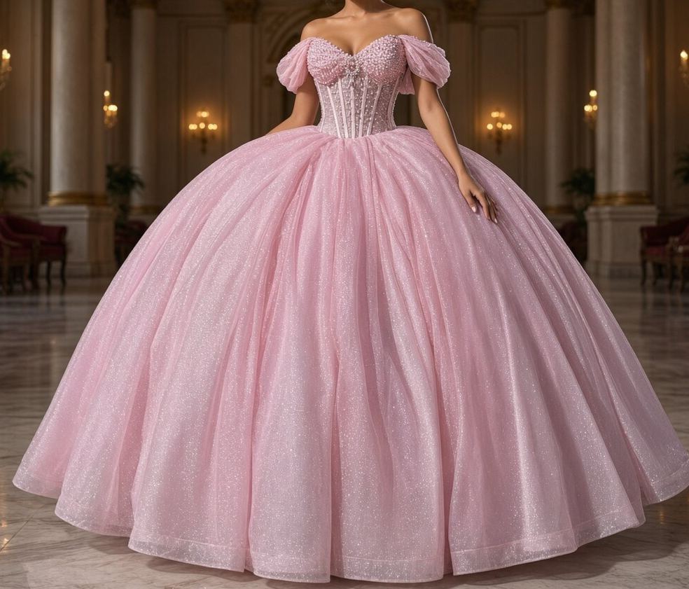 Pink Glitter Off-Shoulder Sweetheart Pearl Corset Ball Gown MOQ 1