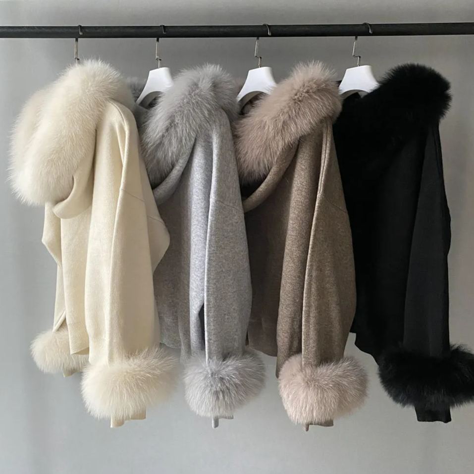 Custom Pullover Wool Knit Coat Detachable Real Fox Fur 5PCS