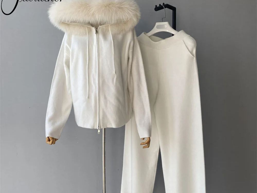 Luxury Real Fur Collar Cardigan Knitwear Long Wide Leg Pants Two Pieces 5pcs