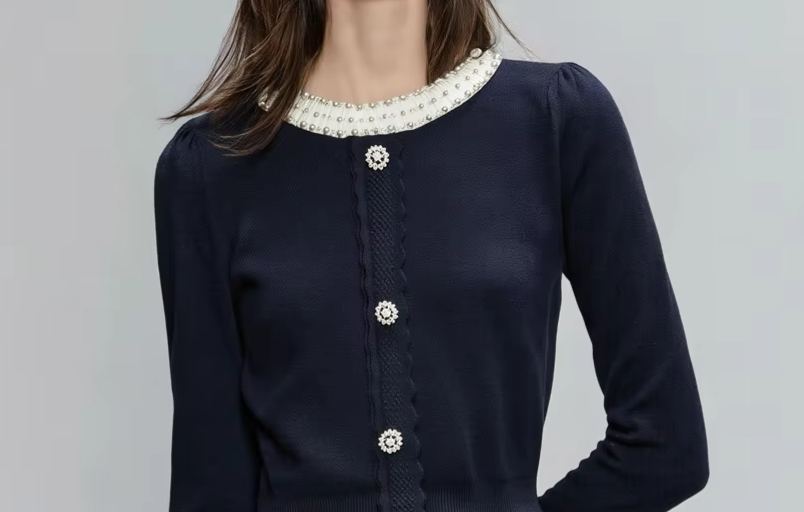 Navy Blue Knitted Jacket Women's Pearl Embellished Collar Peplum Sweater  10PCS 202