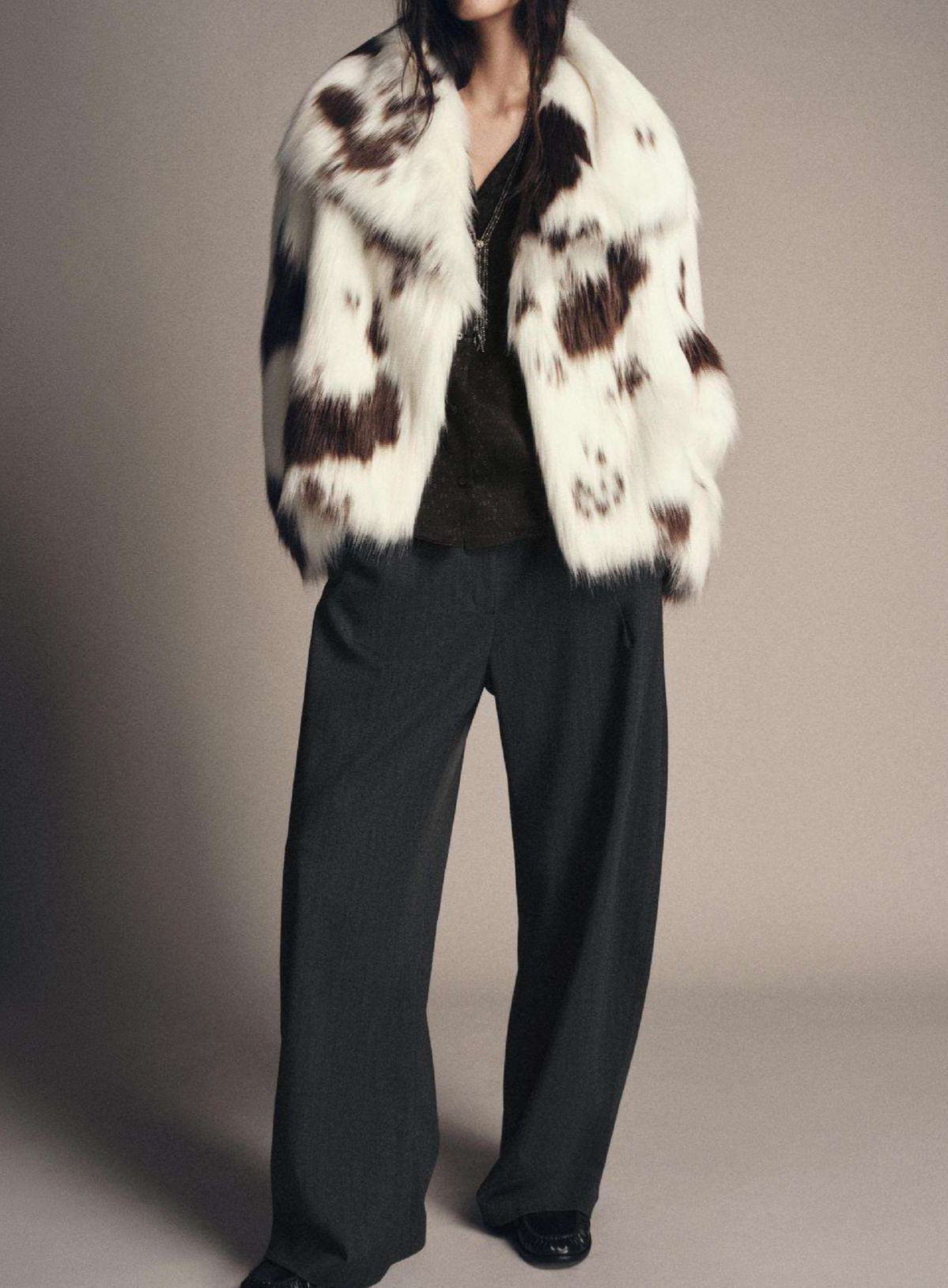 Brown Fox Spots Recycled Faux Fox Fur Thick Soft Winter Overcoat with Animal Print 30 PCS 982
