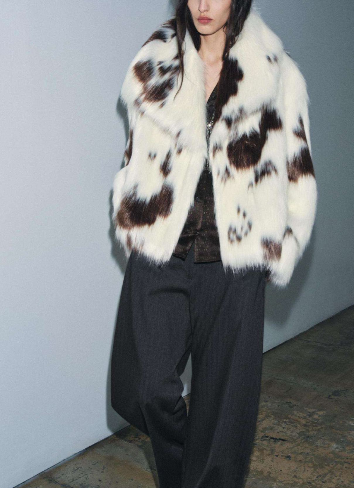 Brown Fox Spots Recycled Faux Fox Fur Thick Soft Winter Overcoat with Animal Print 30 PCS 982
