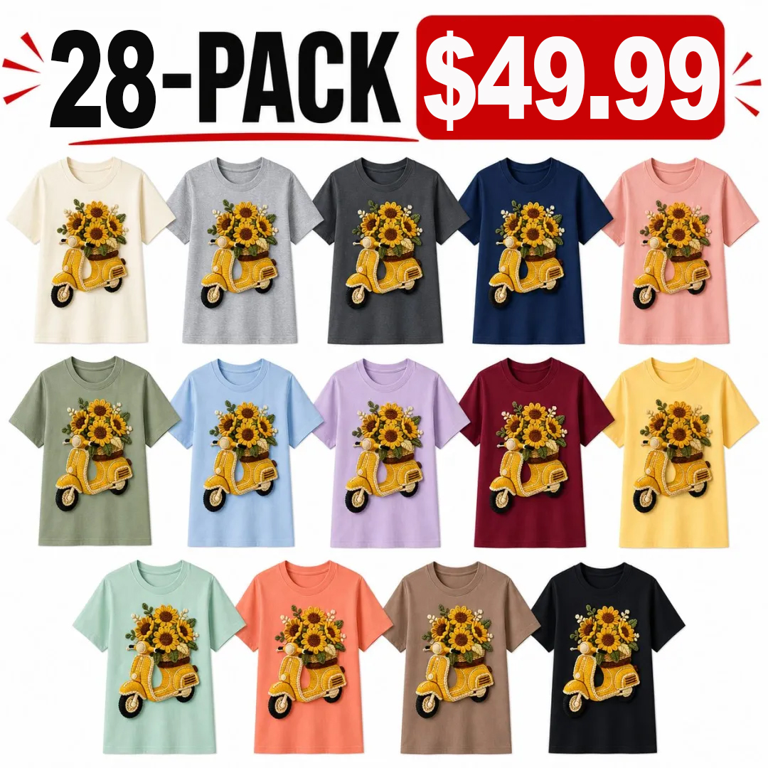 ⏰Warehouse Clearance⚡14 Pack Only $35.99⚡Women's Crochet Sunflower Scooter Graphic Tee - 14 Colors & Bundle Deals