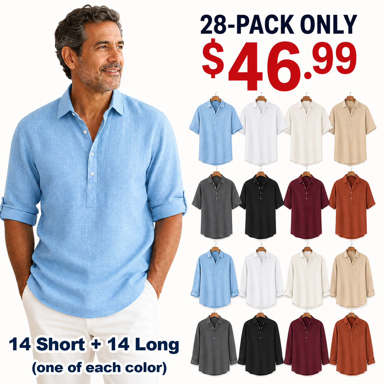 ⏰Clearance Sale⚡28-Pack Only $46.99⚡Men’s Relaxed-Fit Linen Shirt – Short & Long Sleeve
