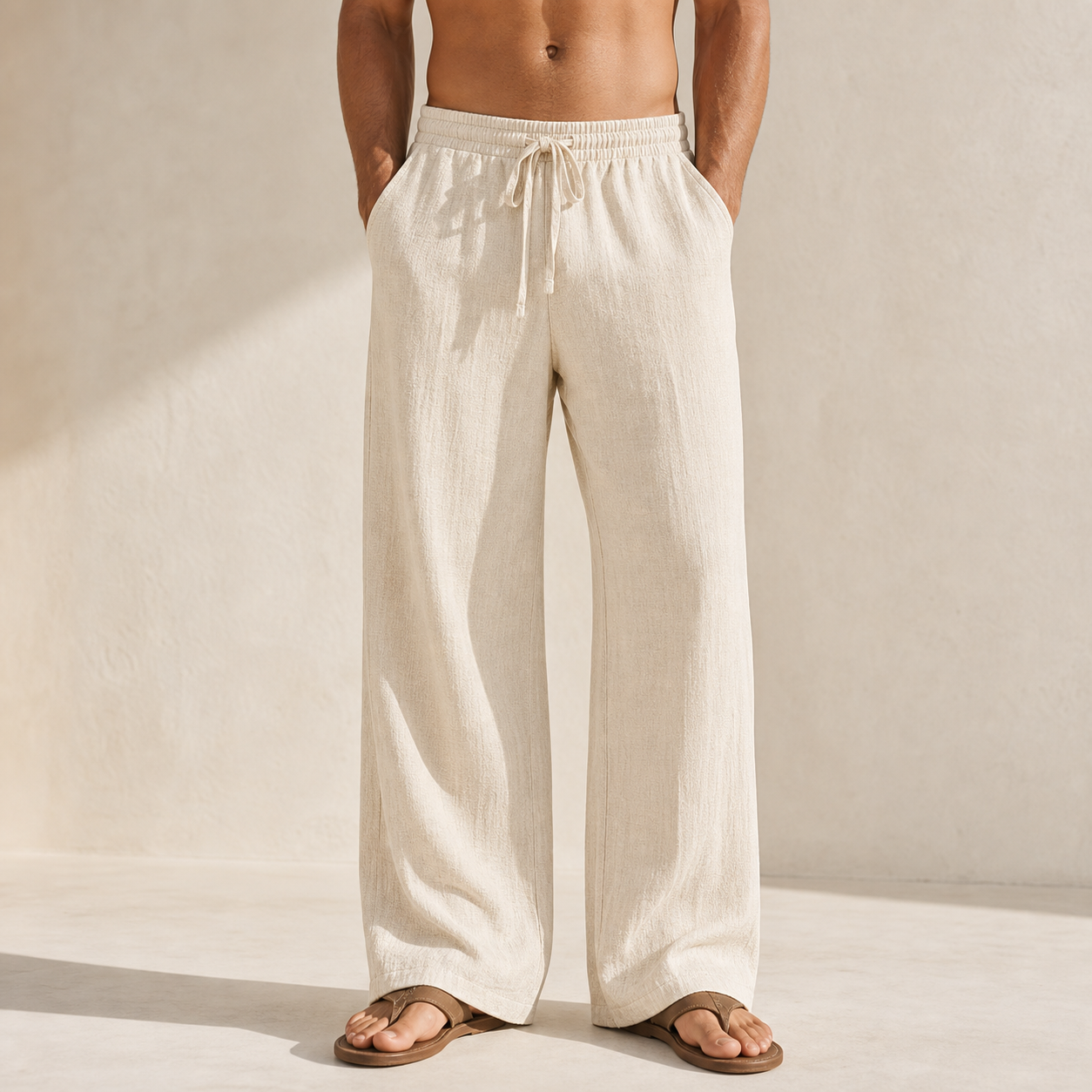 Cream single color linen beach pants model