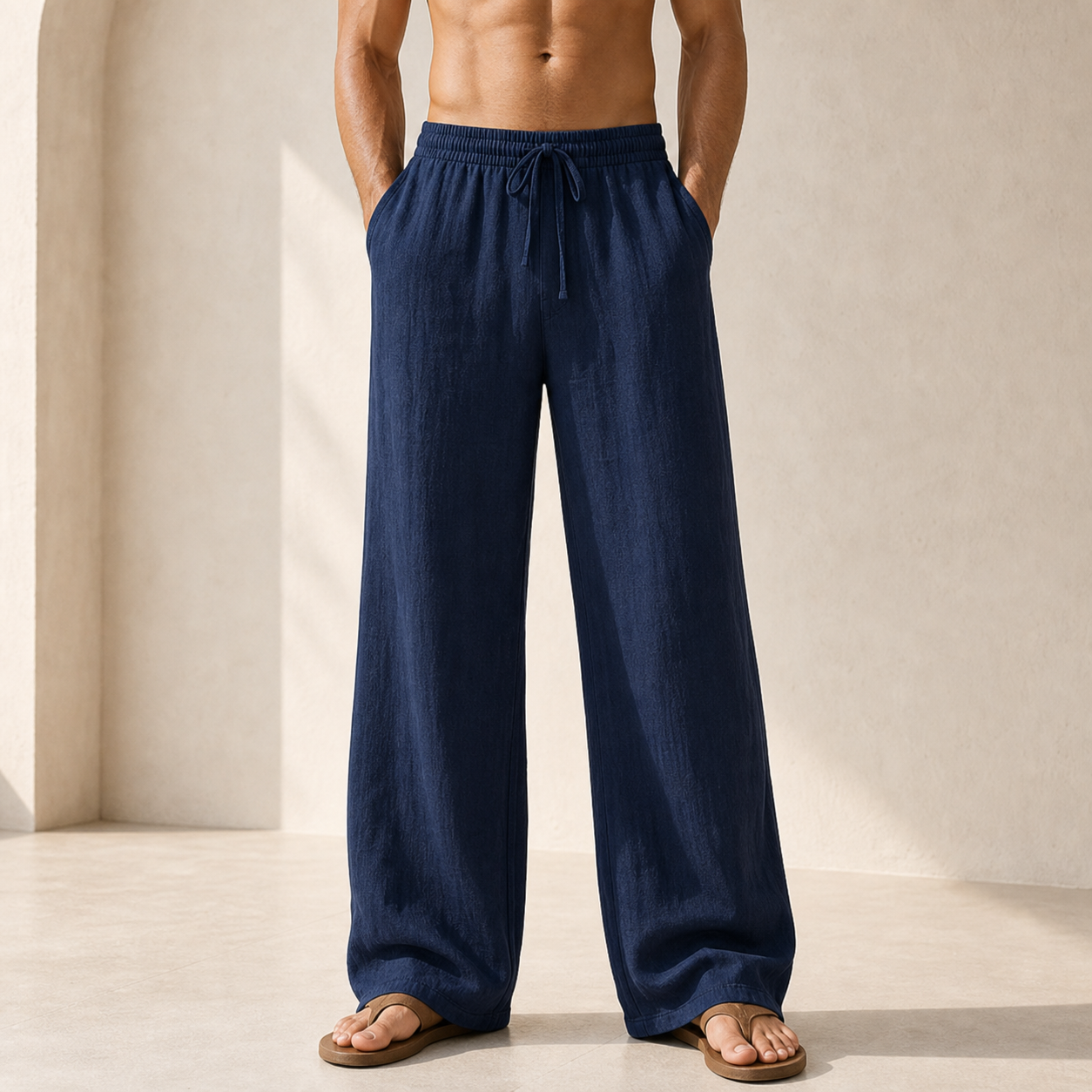 Navy single color linen beach pants model