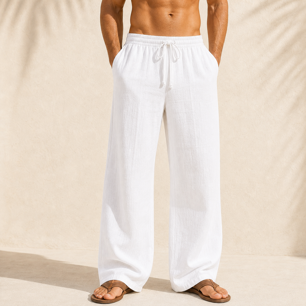White single color linen beach pants model