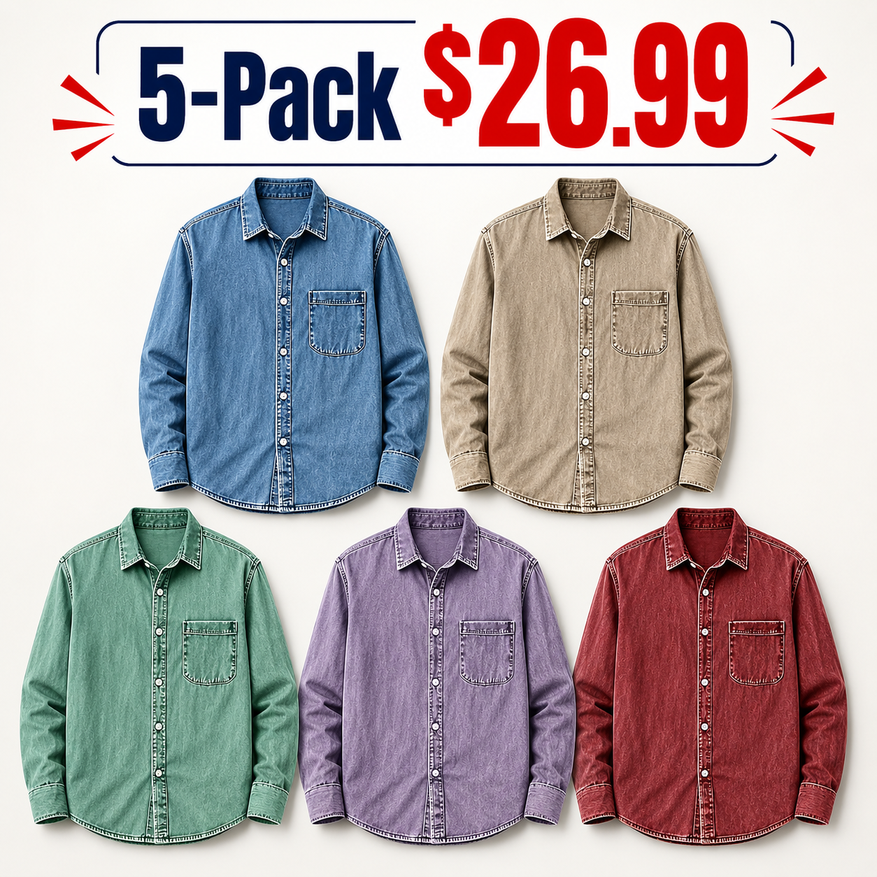 ⏰Warehouse Clearance⚡10 Pack for $32.99⚡ Men's Vintage Washed Cotton Denim Shirt