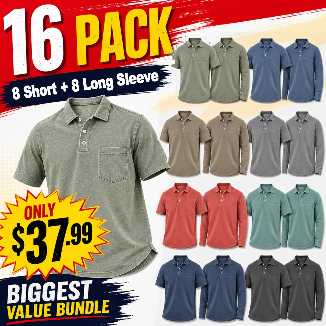 ⏰Warehouse Clearance⚡16-Pack Only $32.99⚡Men's Washed Cotton Blend Pocket Polo Shirts, Lightweight Breathable 3-Button Relaxed Fit