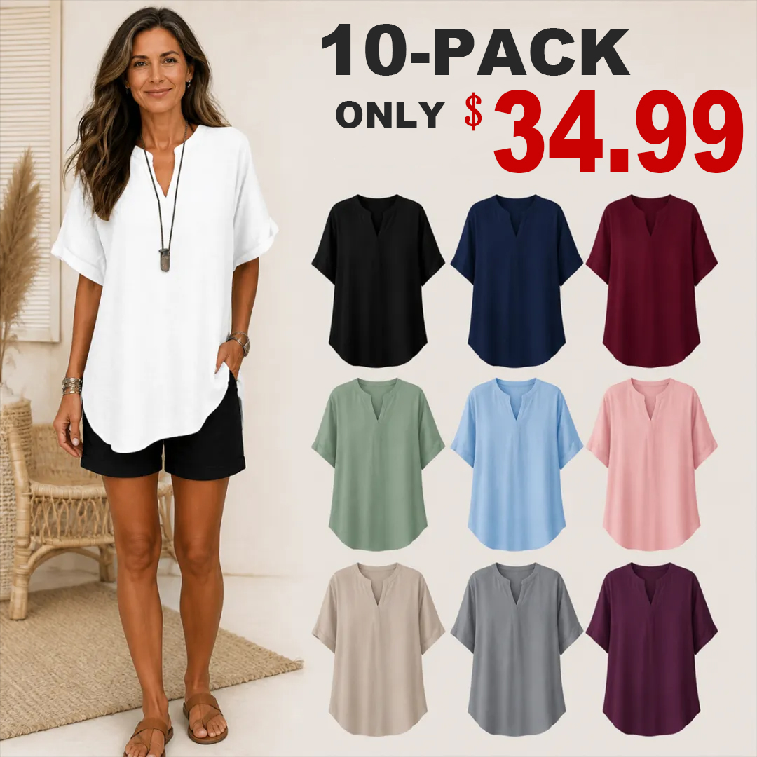 🔥Color Special⚡10-Pack for Only €34.99⚡Women’s Loose-Fit Cotton-Linen Short-Sleeve Top with V-Neck and Rounded Hem.
