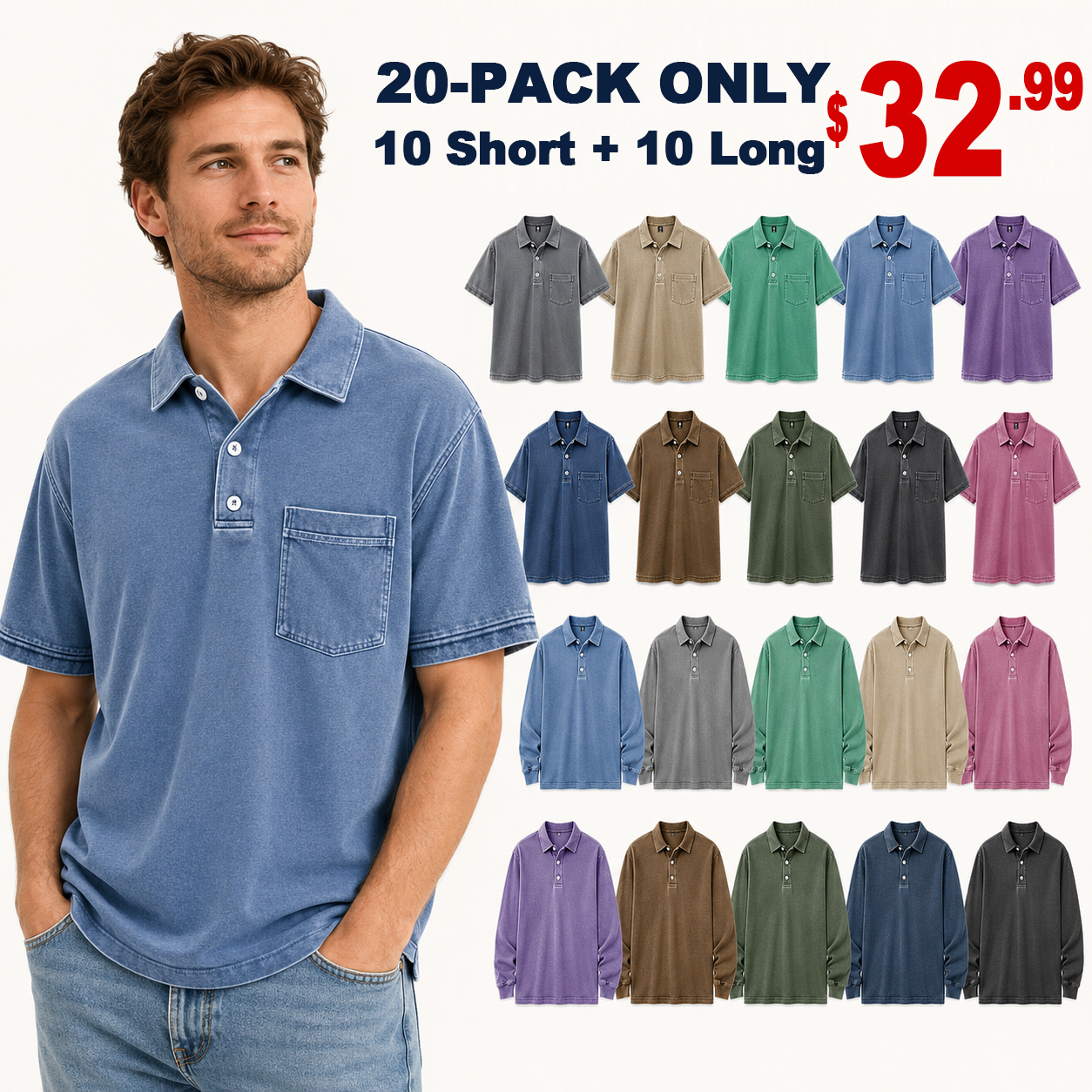 ⏰Store Closing Sale⚡10-Pack for $26.99⚡Men's Retro Distressed Lapel Short-sleeved Pocket Polo Shirt
