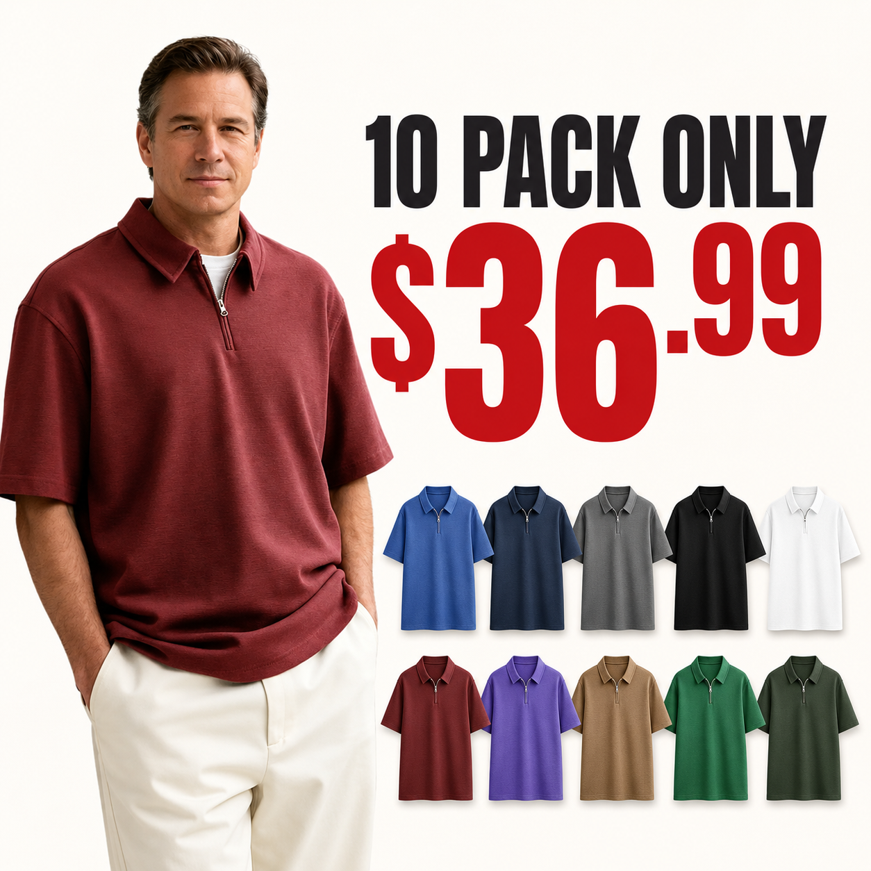 ⏰SUMMER FINAL SALE⚡10 Pack for $36.99⚡Men's Casual Basic Zipper Short Sleeve Polo Shirt