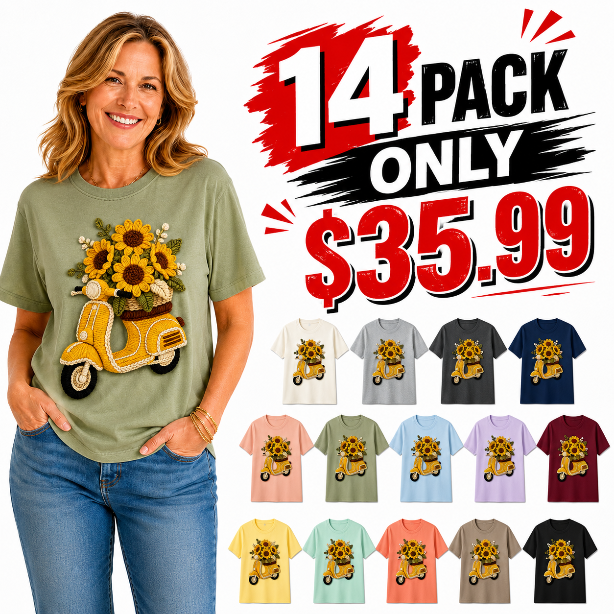 ⏰Warehouse Clearance⚡14 Pack Only $35.99⚡Women's Crochet Sunflower Scooter Graphic Tee - 14 Colors & Bundle Deals