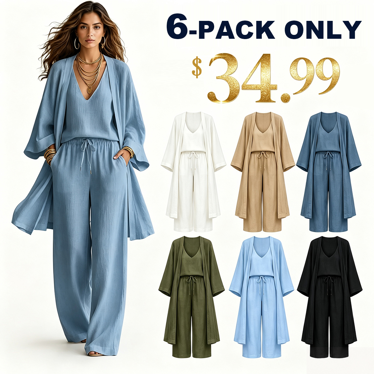 ⏰Clearance Sale⚡6-Pack Only $34.99⚡Women's Minimalist Cotton And Linen Wide-leg Pants Three-piece Set
