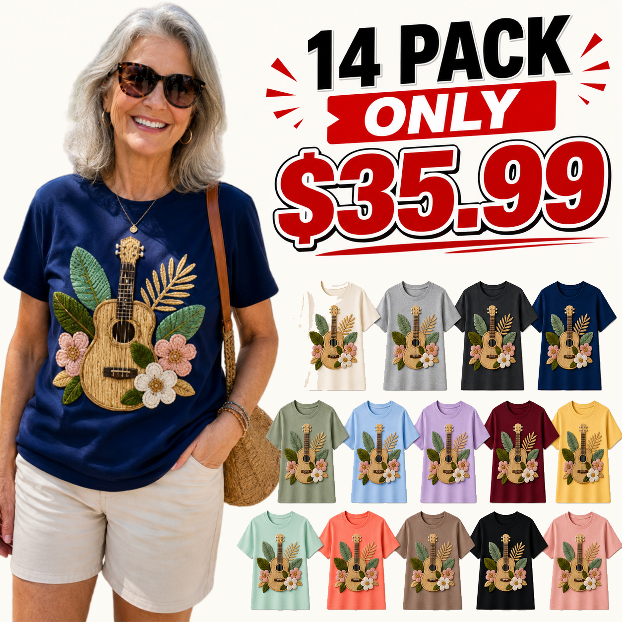⏰CLEARANCE SALE⚡14 Pack Only $35.99⚡Women's Crochet Botanical Guitar Graphic Embroidered Tee - Limited Stock - Once It’s Gone, It’s Gone