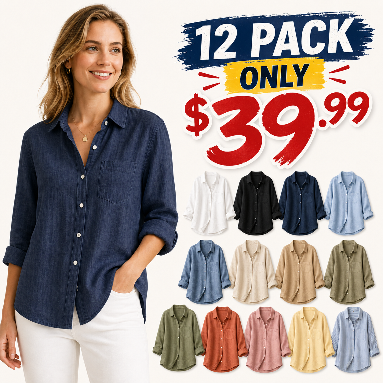 ⏰Warehouse Clearance⚡12-Pack for $39.99⚡Women's Lightweight Linen Long Sleeve Button Shirts