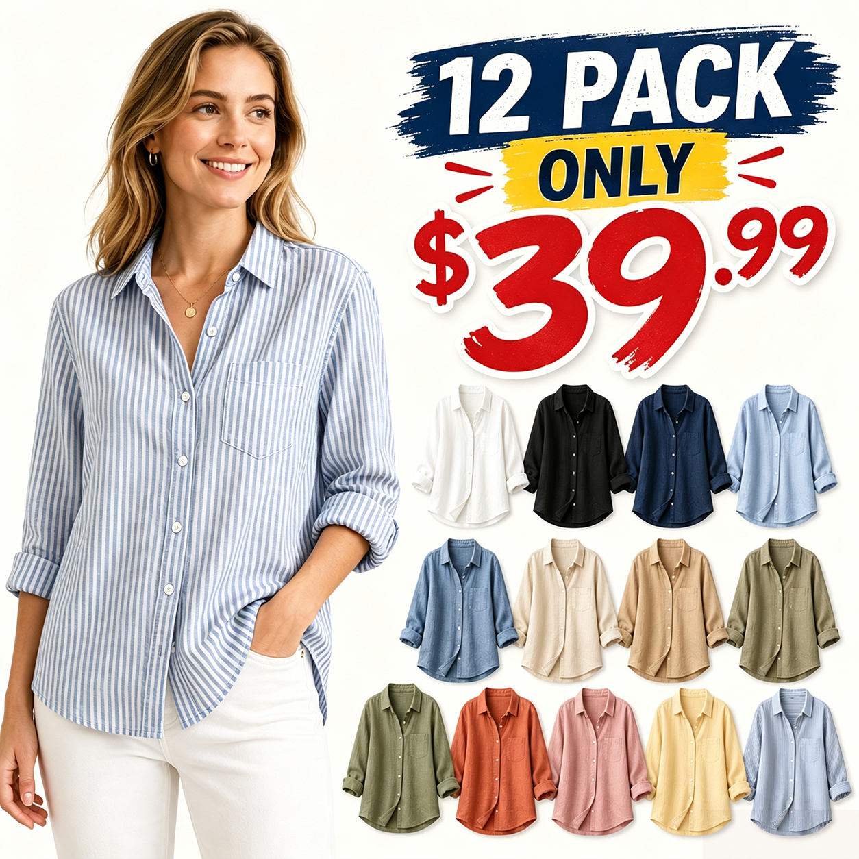 ⏰Store Closing Clearance⚡12-Pack for $39.99⚡👚Women's Lightweight Linen Long Sleeve Button Shirts