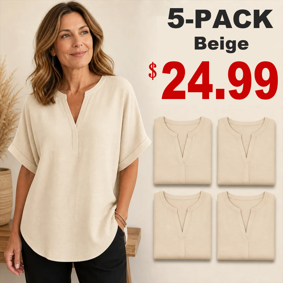 🔥Color Special⚡10-Pack for Only €34.99⚡Women’s Loose-Fit Cotton-Linen Short-Sleeve Top with V-Neck and Rounded Hem.