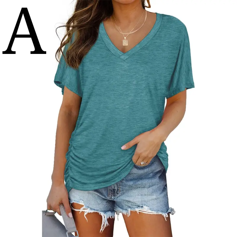 WIHOLL SwimWeek Womens Short Sleeve V Neck Dolman Tops with Side Shirring Loose Fit Shirts
