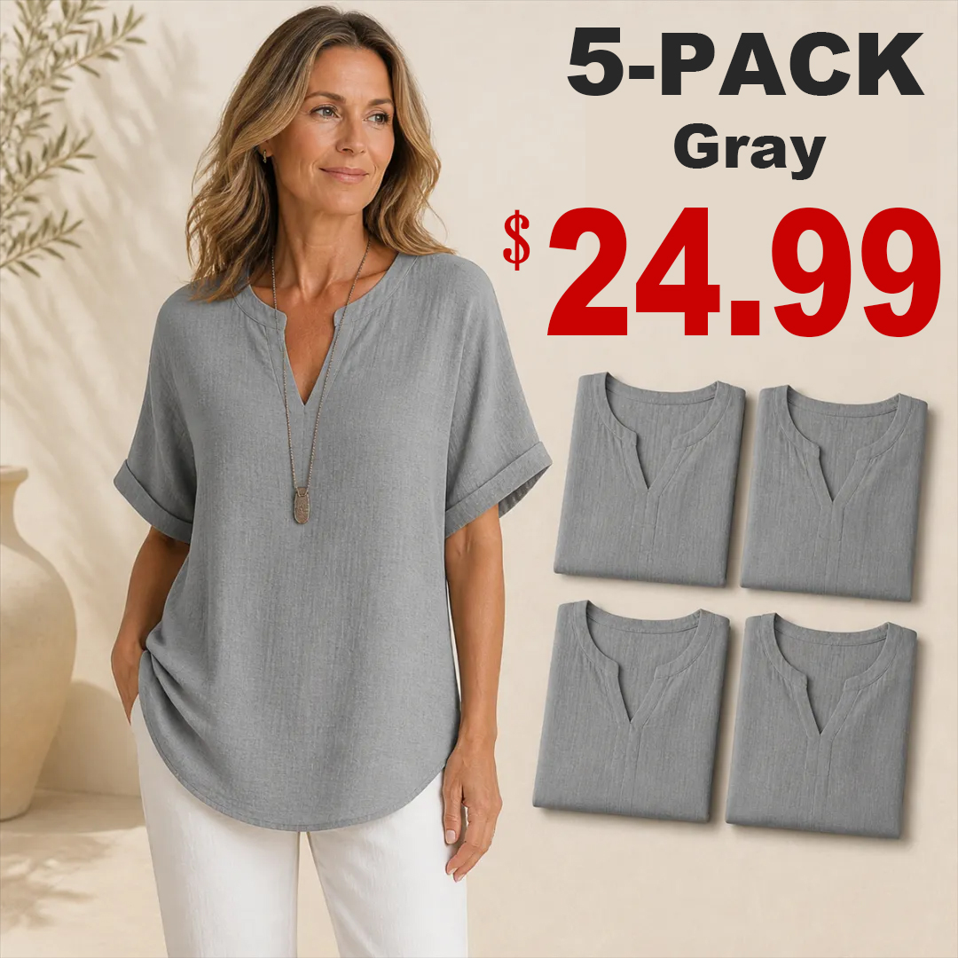 🔥Color Special⚡10-Pack for Only €34.99⚡Women’s Loose-Fit Cotton-Linen Short-Sleeve Top with V-Neck and Rounded Hem.