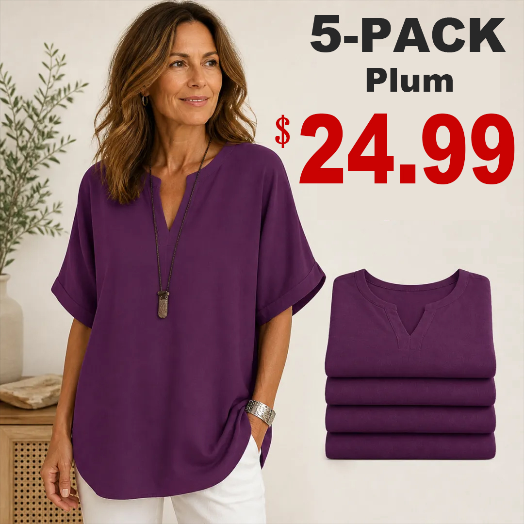🔥Color Special⚡10-Pack for Only €34.99⚡Women’s Loose-Fit Cotton-Linen Short-Sleeve Top with V-Neck and Rounded Hem.