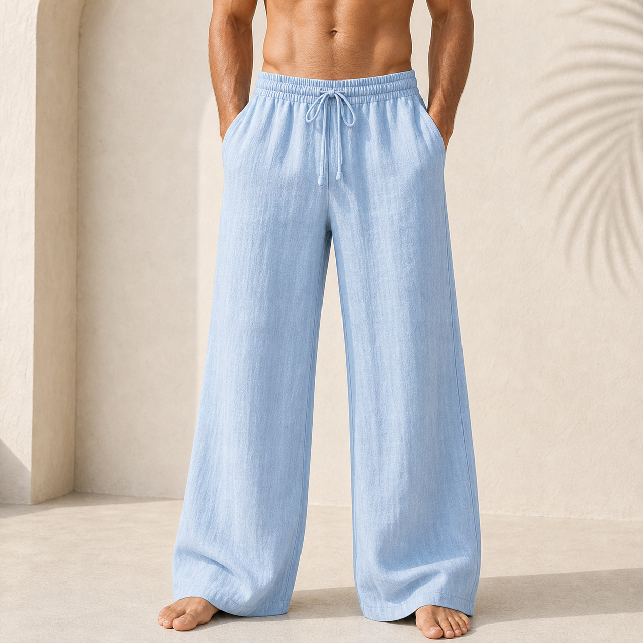 Light Blue single color linen beach pants model
