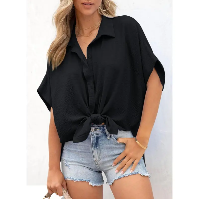 Women's Tops Dressy Casual V Neck Button Down Shirts Solid Short Sleeve Blouses Oversized Fit Batwing Collared Baggy Minimalist Style