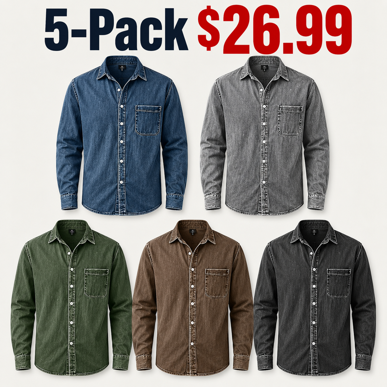 ⏰Warehouse Clearance⚡10 Pack for $32.99⚡ Men's Vintage Washed Cotton Denim Shirt