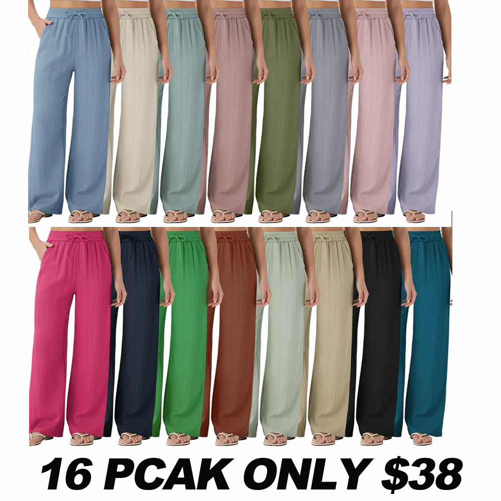High Waisted Drawstring Pocket Wide Leg Casual Linen-Feel Pants