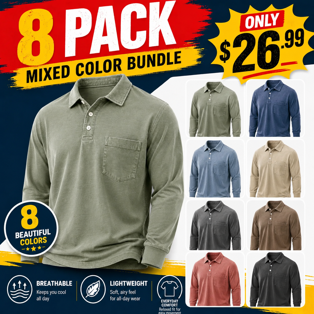 ⏰Warehouse Clearance⚡16-Pack Only $32.99⚡Men's Washed Cotton Blend Pocket Polo Shirts, Lightweight Breathable 3-Button Relaxed Fit
