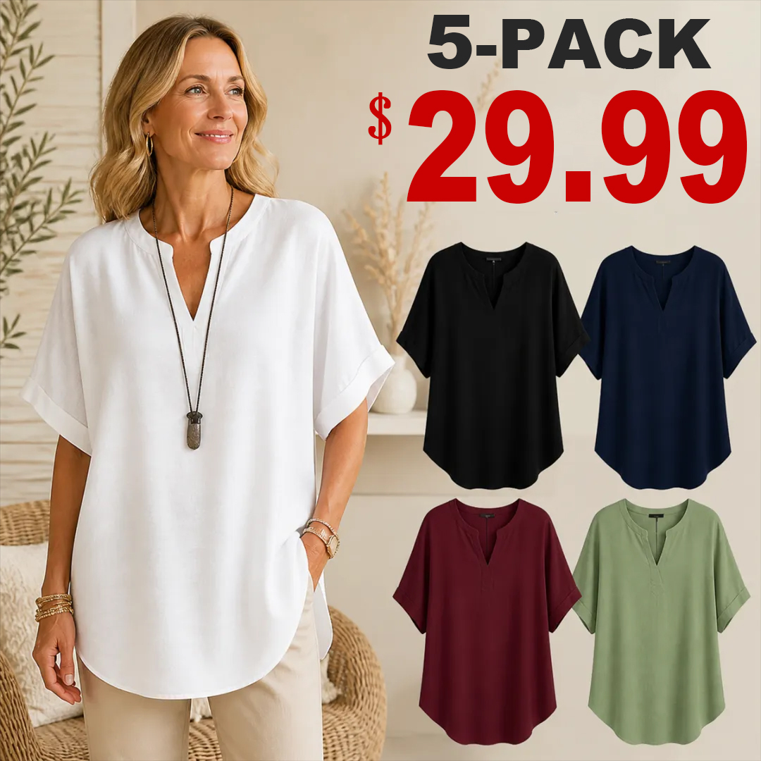 🔥Color Special⚡10-Pack for Only €34.99⚡Women’s Loose-Fit Cotton-Linen Short-Sleeve Top with V-Neck and Rounded Hem.
