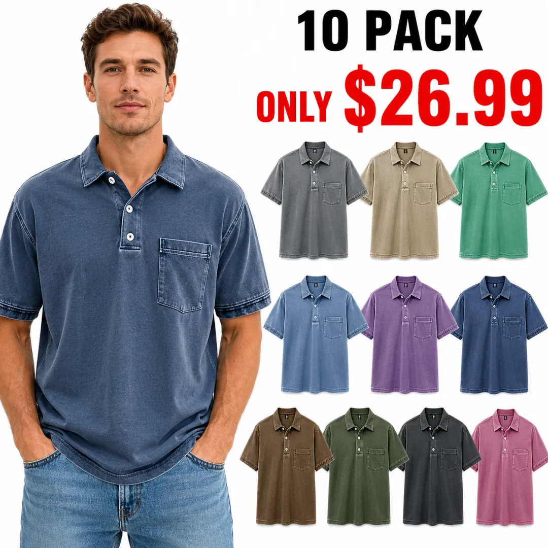 ⏰Store Closing Sale⚡10-Pack for $26.99⚡Men's Retro Distressed Lapel Short-sleeved Pocket Polo Shirt