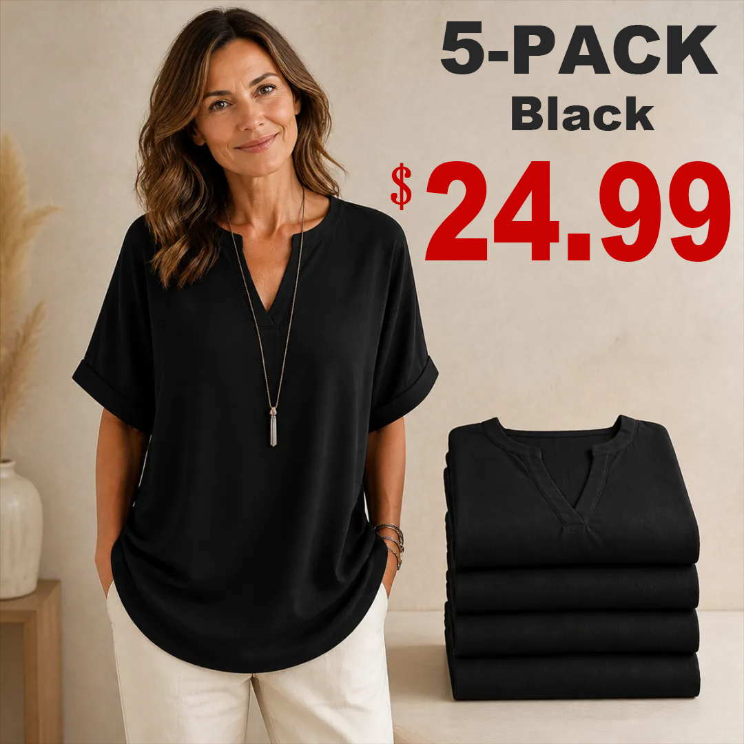 🔥Color Special⚡10-Pack for Only €34.99⚡Women’s Loose-Fit Cotton-Linen Short-Sleeve Top with V-Neck and Rounded Hem.