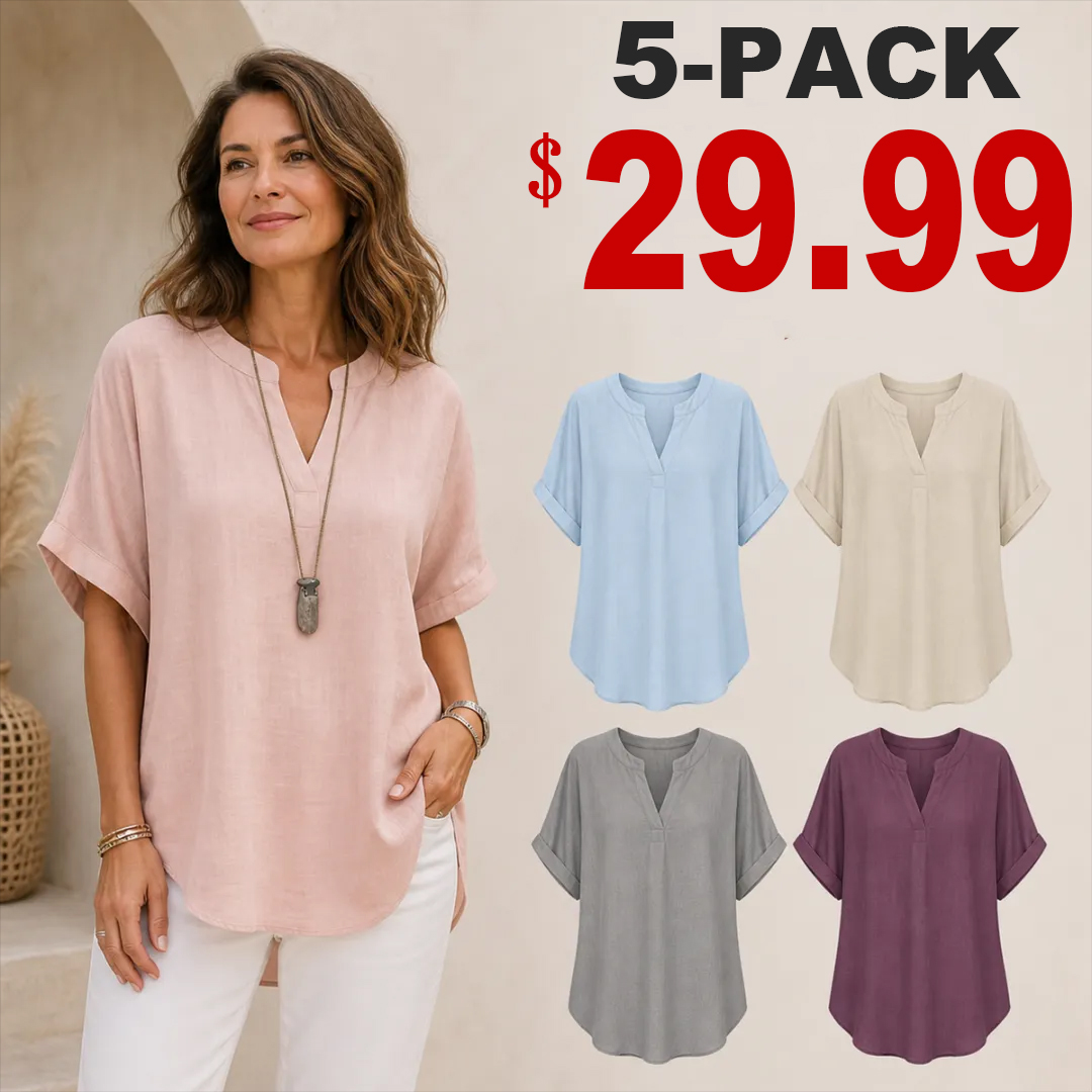 🔥Color Special⚡10-Pack for Only €34.99⚡Women’s Loose-Fit Cotton-Linen Short-Sleeve Top with V-Neck and Rounded Hem.