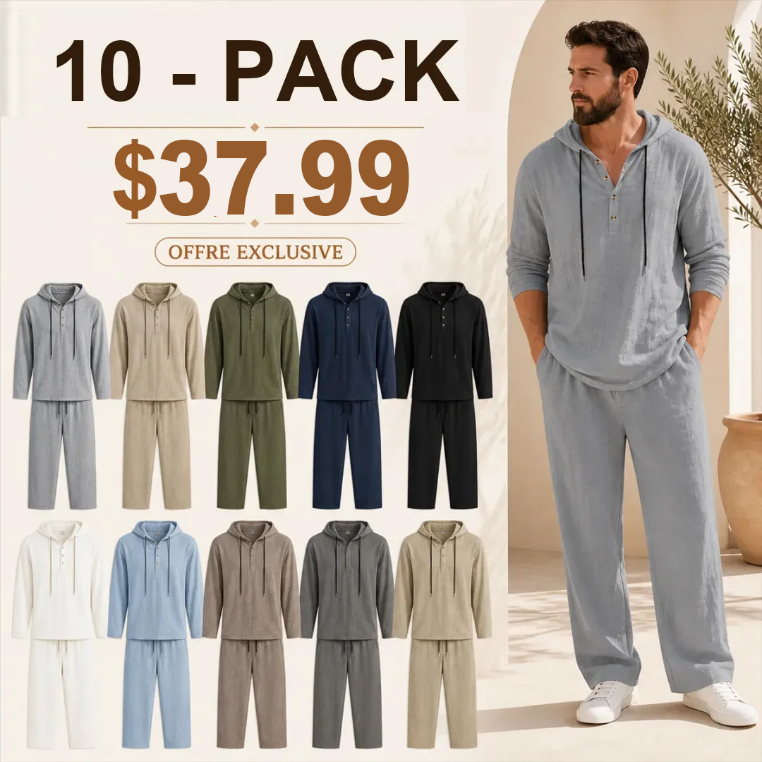⏰Clearance Sale⚡10-Sets Only $36.99 ⚡ Two-Piece Linen Set with Hooded Henley Top and Relaxed Trousers