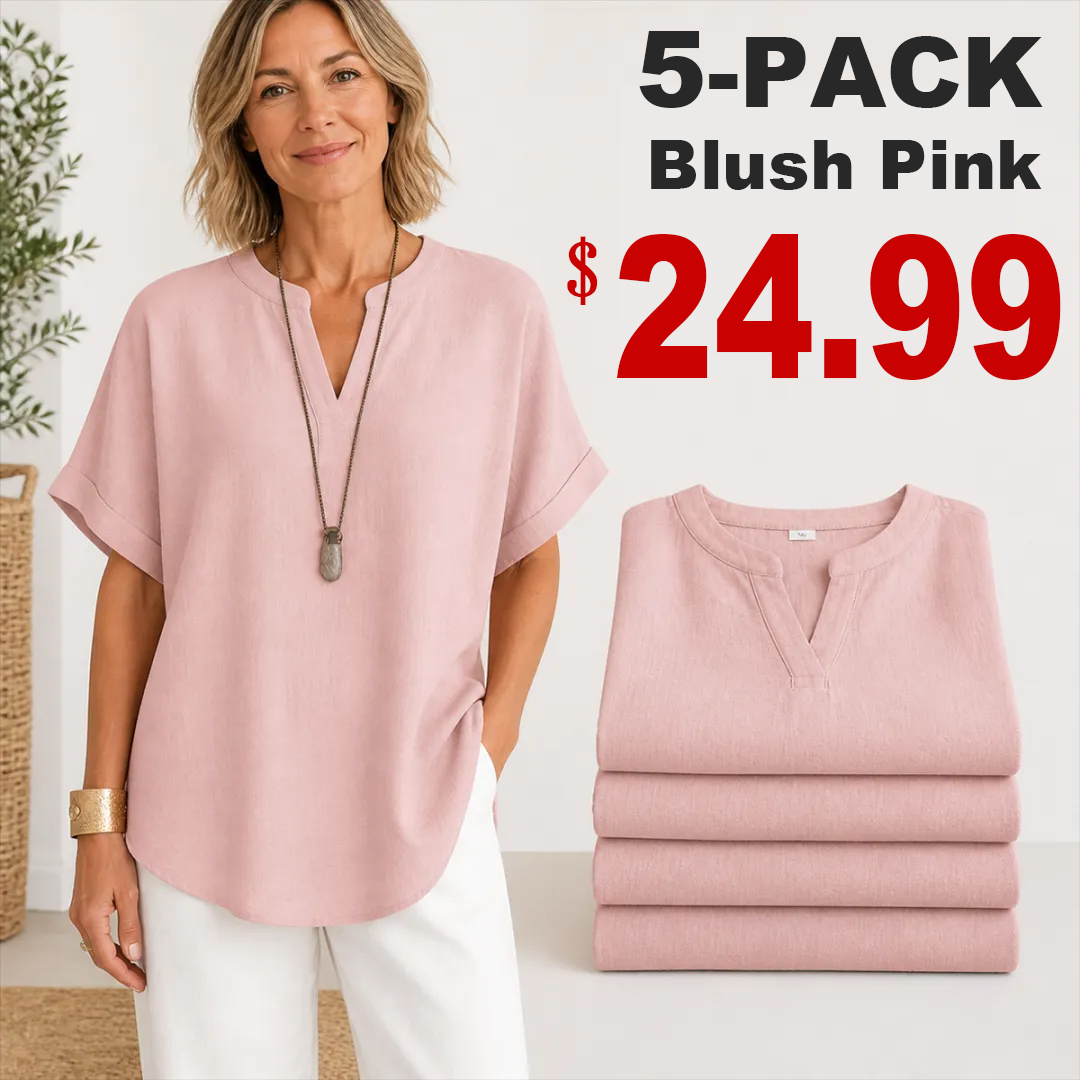 🔥Color Special⚡10-Pack for Only €34.99⚡Women’s Loose-Fit Cotton-Linen Short-Sleeve Top with V-Neck and Rounded Hem.