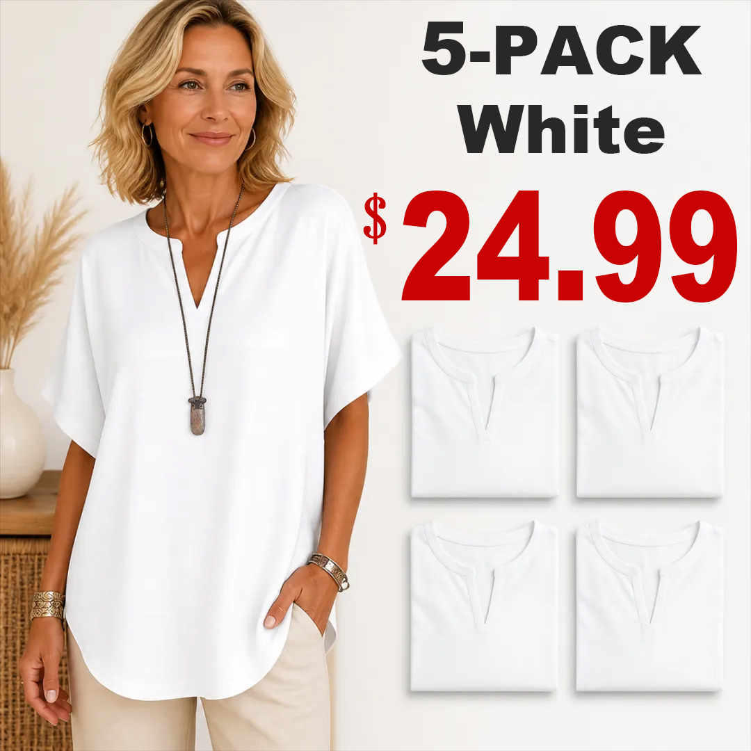 🔥Color Special⚡10-Pack for Only €34.99⚡Women’s Loose-Fit Cotton-Linen Short-Sleeve Top with V-Neck and Rounded Hem.