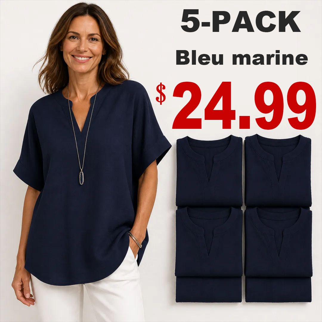 🔥Color Special⚡10-Pack for Only €34.99⚡Women’s Loose-Fit Cotton-Linen Short-Sleeve Top with V-Neck and Rounded Hem.