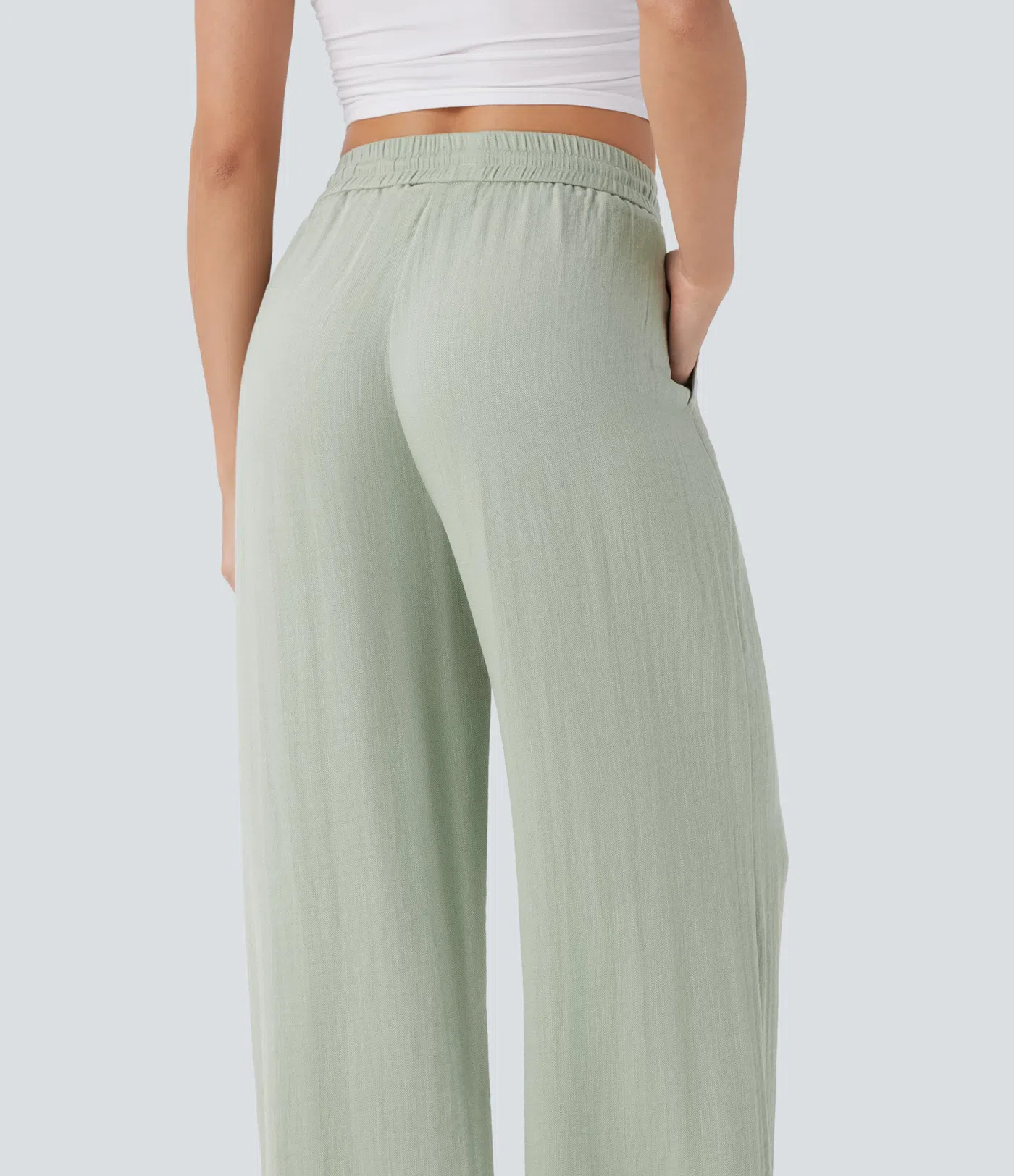 High Waisted Drawstring Pocket Wide Leg Casual Linen-Feel Pants