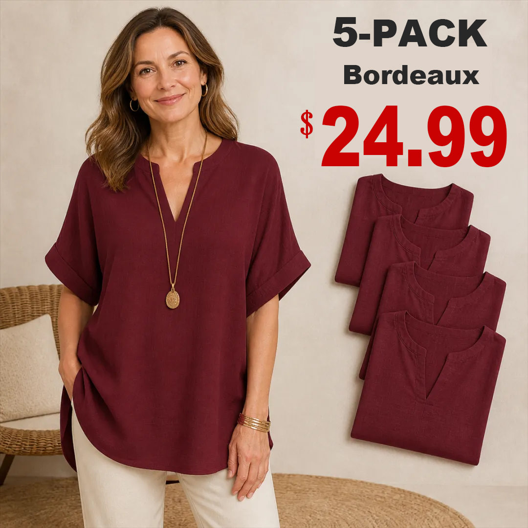 🔥Color Special⚡10-Pack for Only €34.99⚡Women’s Loose-Fit Cotton-Linen Short-Sleeve Top with V-Neck and Rounded Hem.