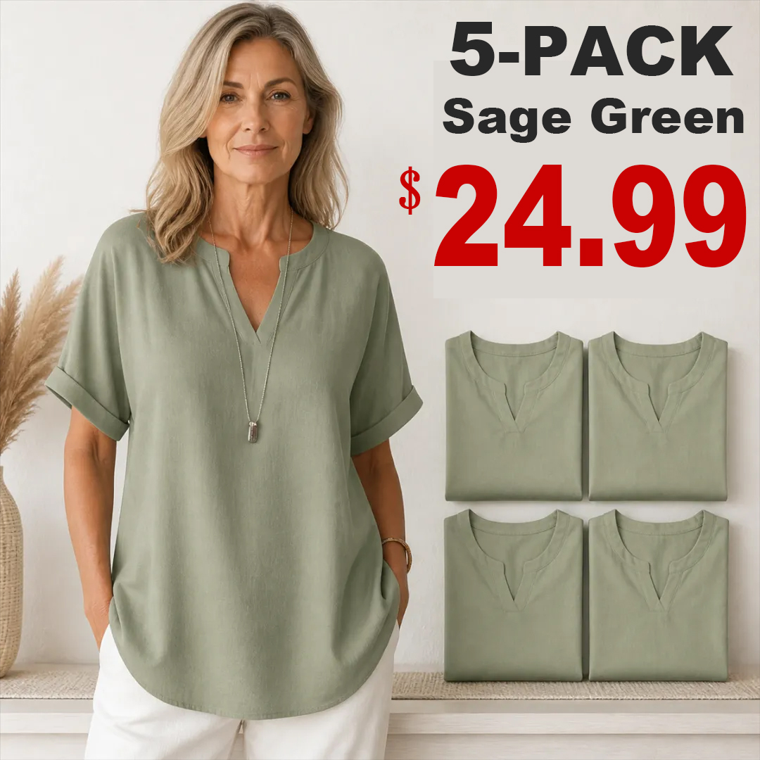 🔥Color Special⚡10-Pack for Only €34.99⚡Women’s Loose-Fit Cotton-Linen Short-Sleeve Top with V-Neck and Rounded Hem.