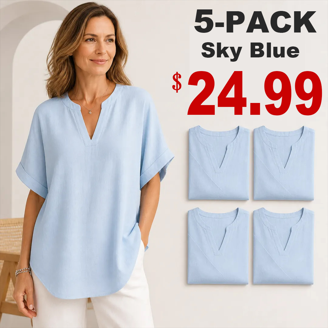 🔥Color Special⚡10-Pack for Only €34.99⚡Women’s Loose-Fit Cotton-Linen Short-Sleeve Top with V-Neck and Rounded Hem.