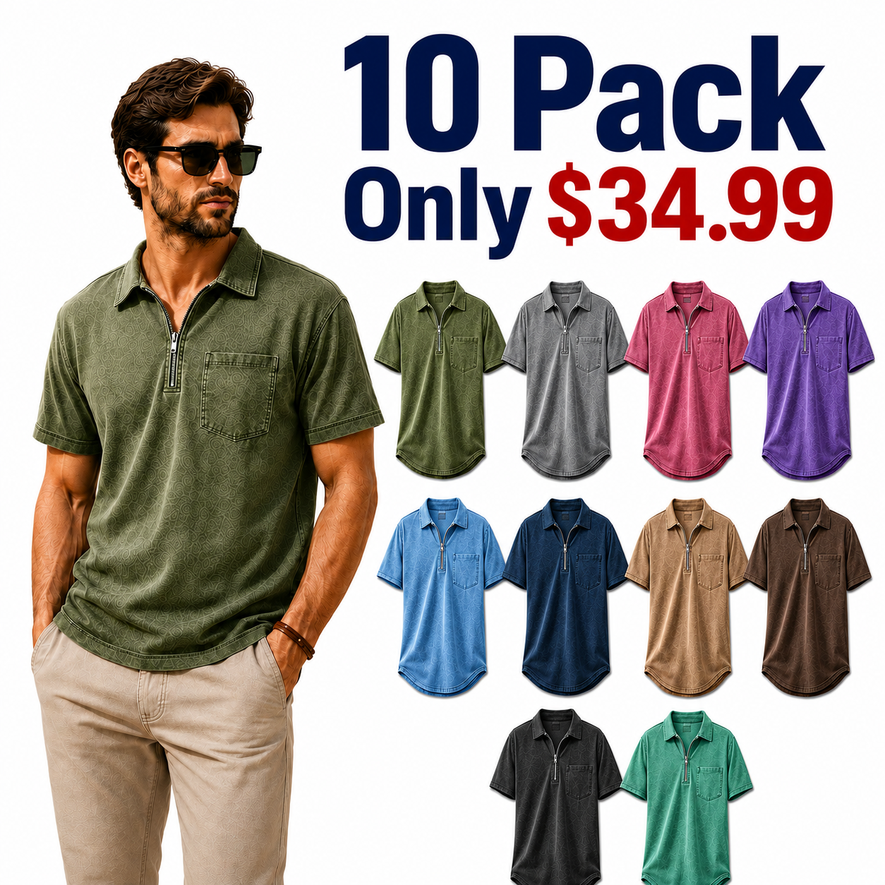 Men's Washed Zip Polo Shirt – Casual Relaxed Fit Pocket Tee