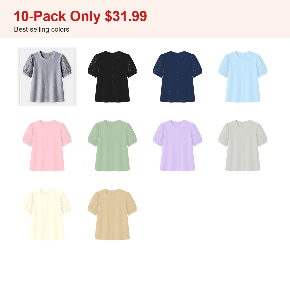 Women's 95% cotton eyelet sleeve tee - bundle 10pack