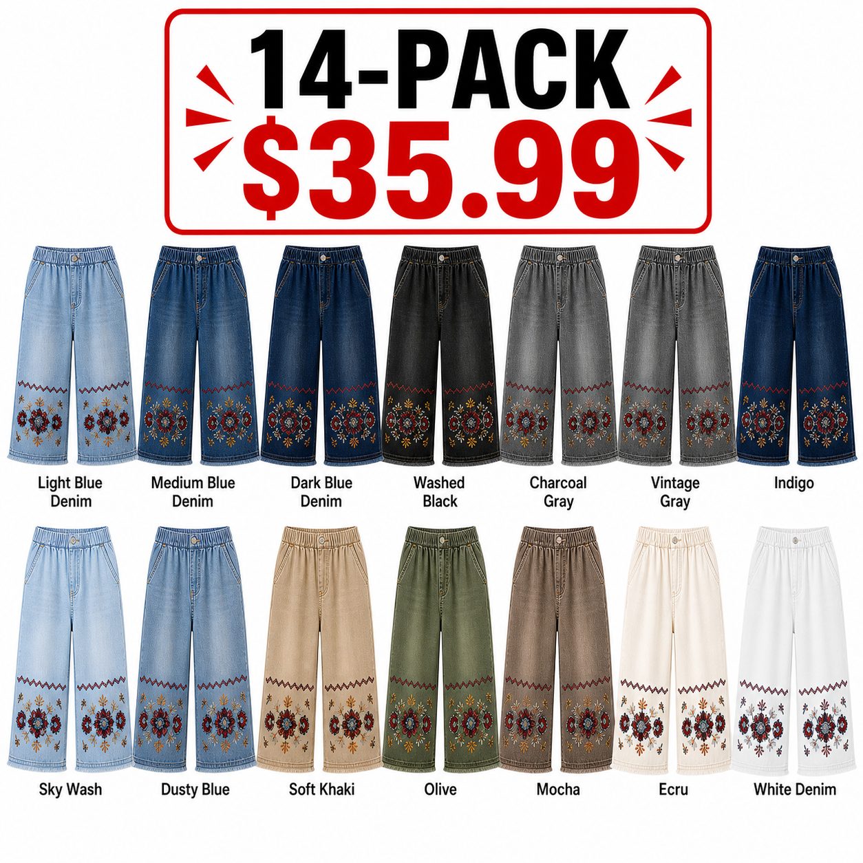 Women's embroidered denim capri pants - bundle 14pack