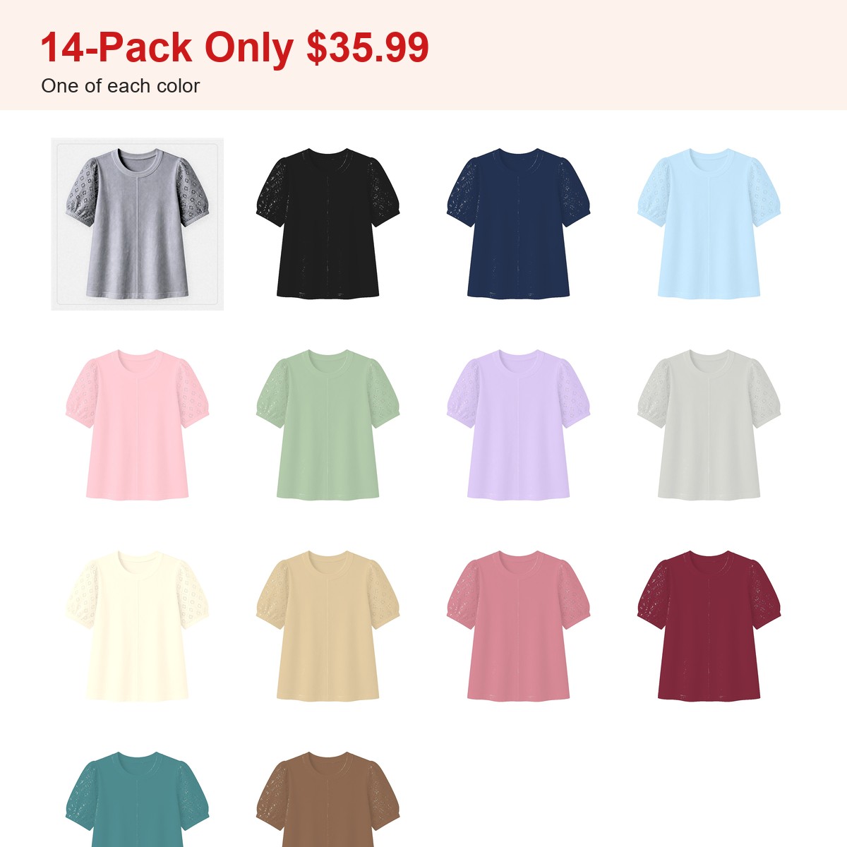 Women's 95% cotton eyelet sleeve tee - bundle 14pack