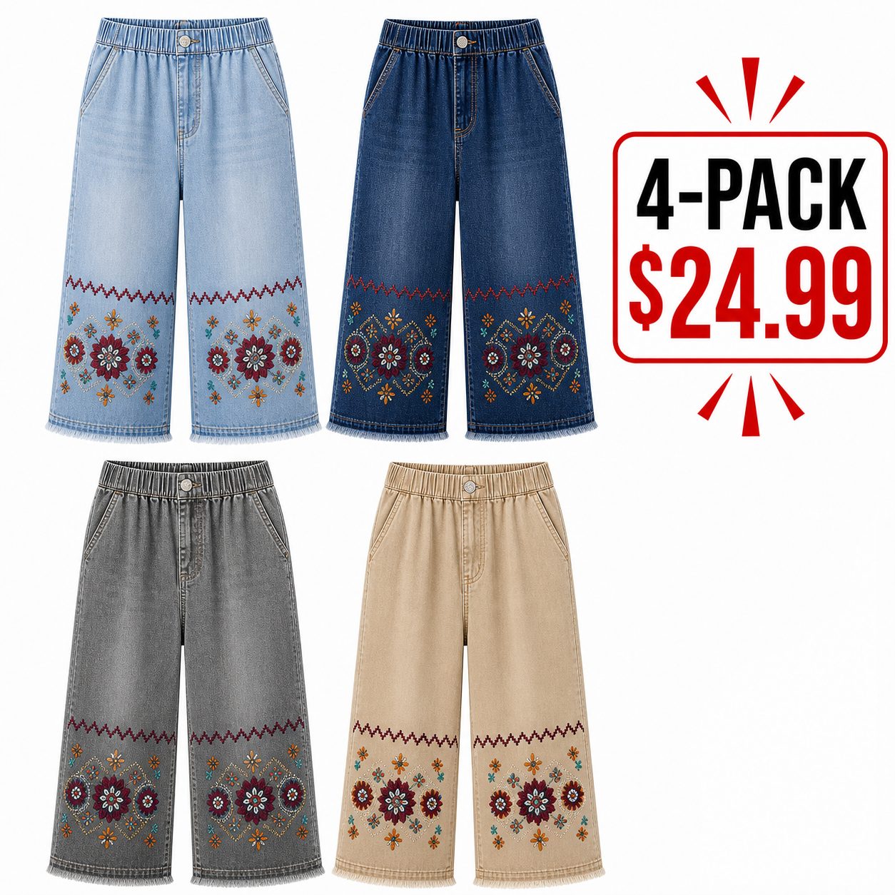 Women's embroidered denim capri pants - bundle 4pack