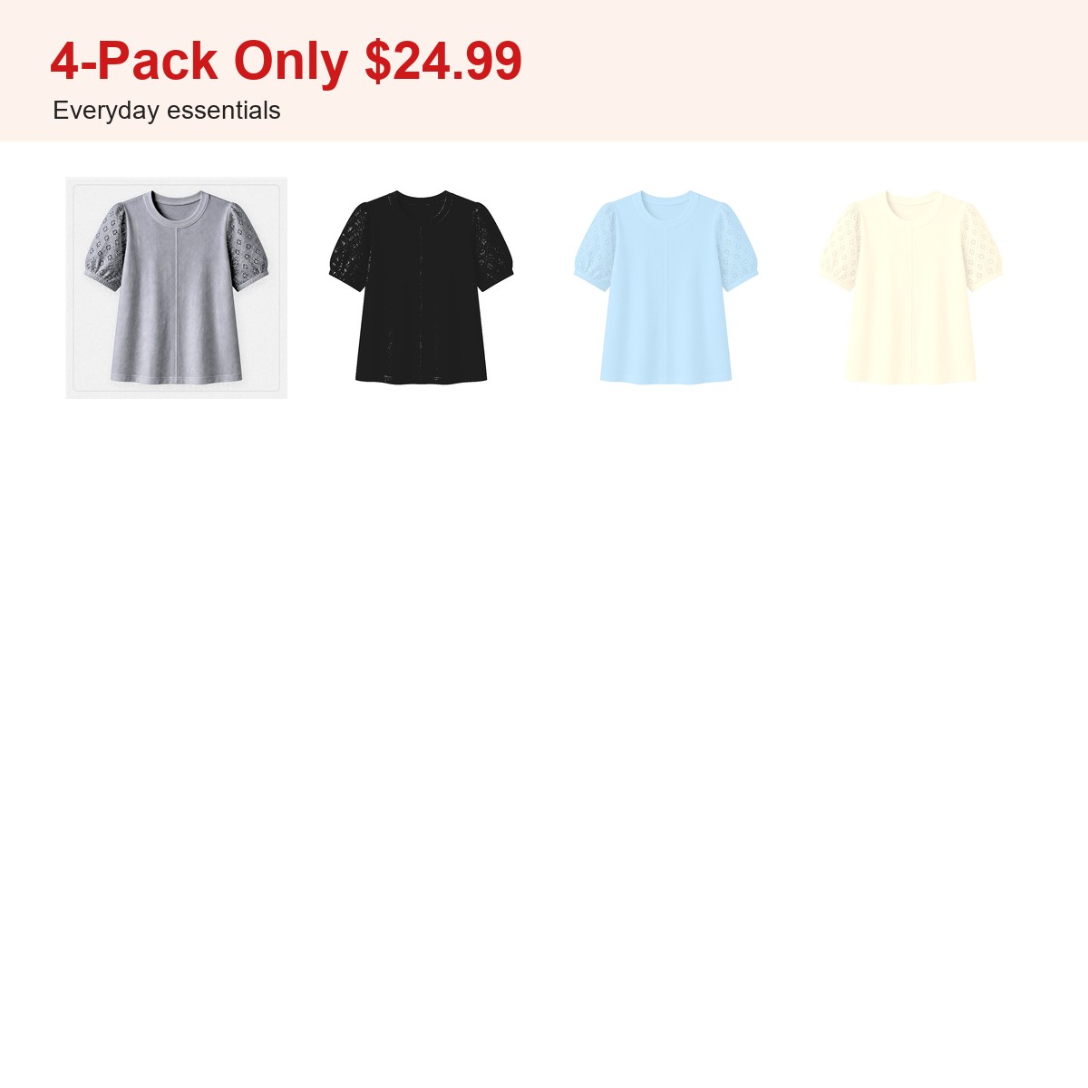 Women's 95% cotton eyelet sleeve tee - bundle 4pack